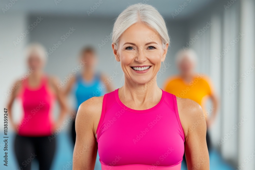 A group of seniors participating in a low-impact exercise class, smiling and enjoying the session in a bright community center A group of seniors participating in a low-impact exercise class, smiling and enjoying the session in a bright community center
