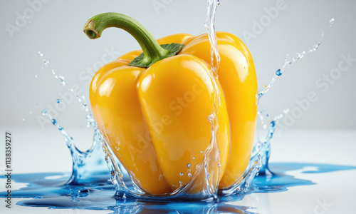 A crisp yellow bell pepper with a glossy surface, dynamically hitting water and creating sharp splashes, water droplets suspended mid-air, photo