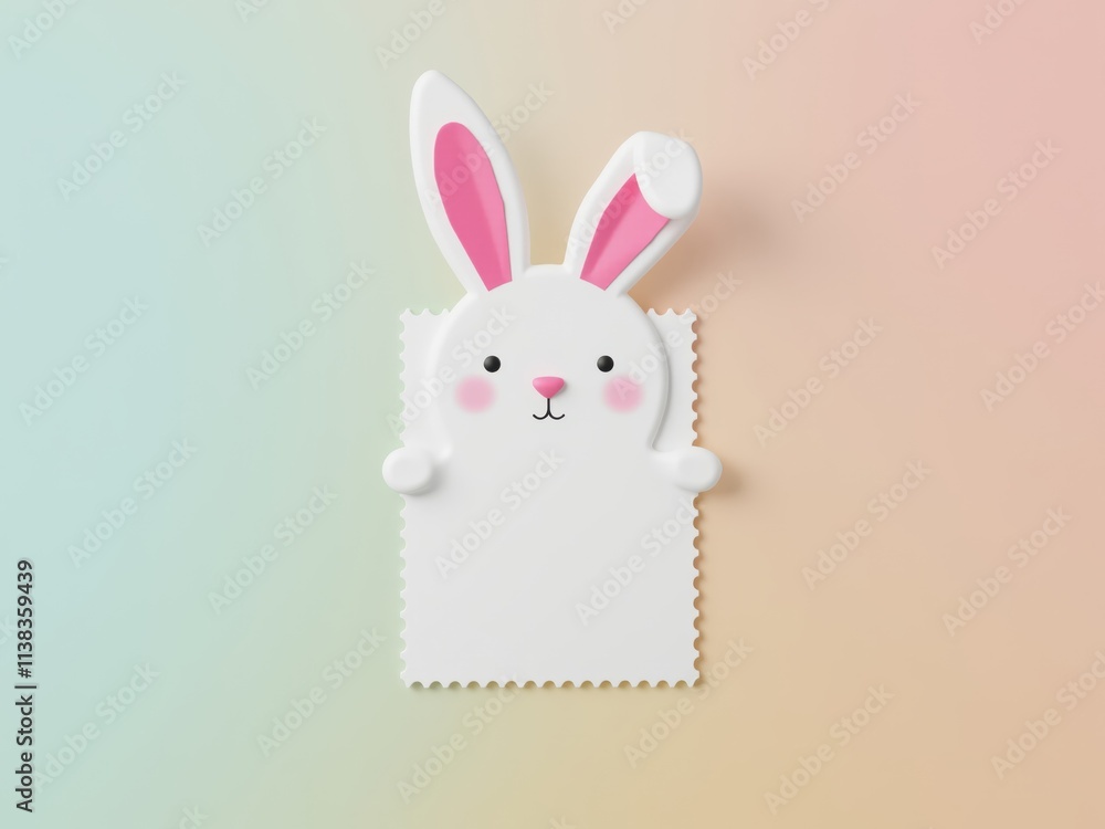 Obraz premium Cute easter bunny holding blank white card on pastel background