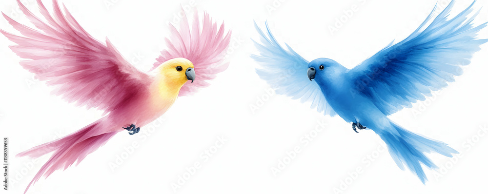 Obraz premium Watercolor Pink and Blue Birds in Flight, A Pair of Avian Watercolor Paintings Soaring Gracefully Through the Air, Displaying Vivid Colors and Delicate Details.