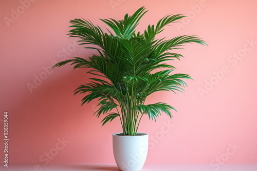 Potted parlor palm houseplant on pink background.