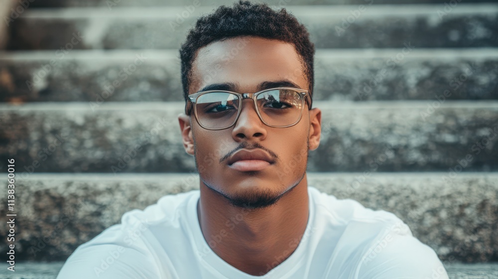 Transition Lenses: Portrait of Young Man Sitting Outdoors with Stylish Eyeglasses in Summertime Transition Lenses: Portrait of Young Man Sitting Outdoors with Stylish Eyeglasses in Summertime