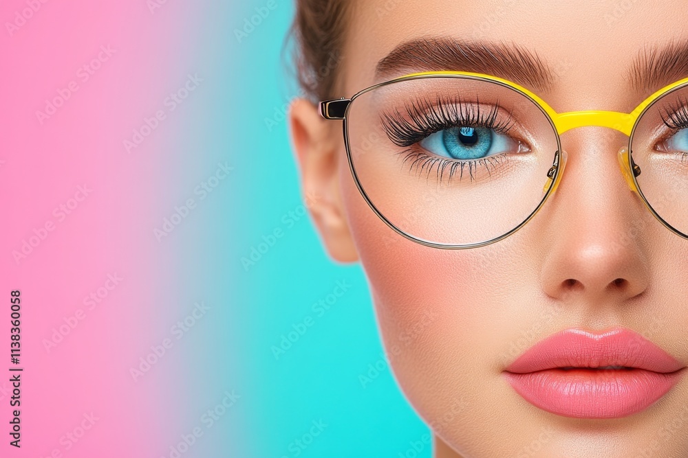 A hyper-realistic close-up of a woman wearing stylish glasses, capturing every detail of the frames, lenses, and facial features A hyper-realistic close-up of a woman wearing stylish glasses, capturing every detail of the frames, lenses, and facial features