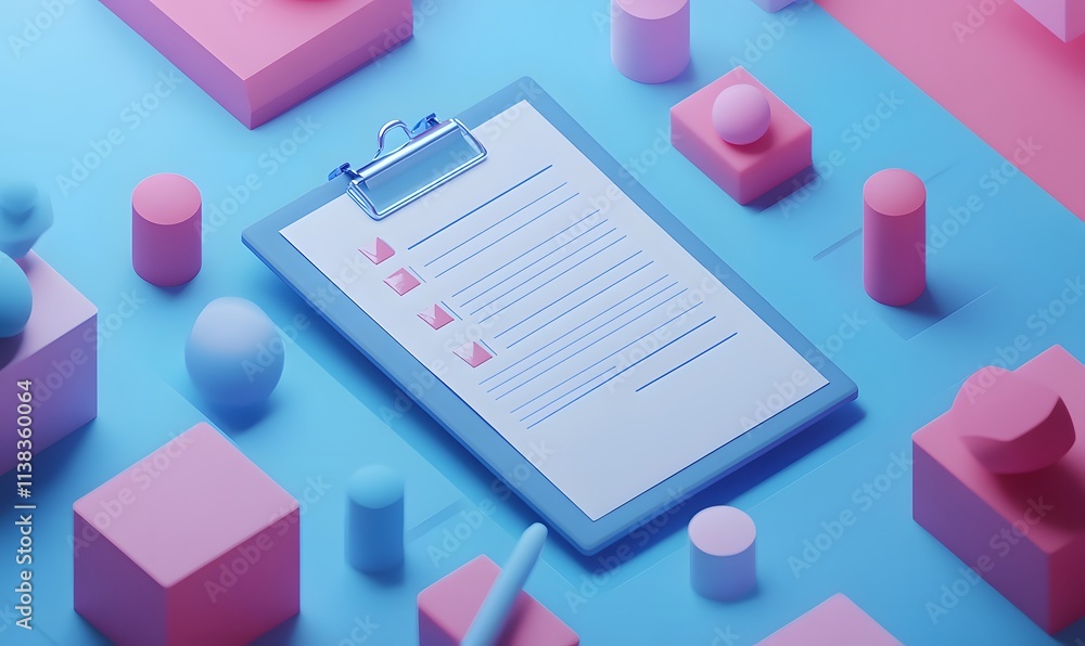 A 3D illustration of a clipboard with a checklist that visually represents a six-step process A 3D illustration of a clipboard with a checklist that visually represents a six-step process