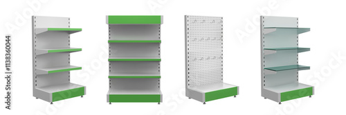 Store shelf. Rack display mockup. 3D supermarket stand. Shopping shelves. Empty shop front box. Metal pos market mock up. Merchandise presentation. Vector isolated showing furniture set