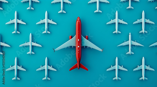 A red airplane stands out from the many white airplanes on a blue background