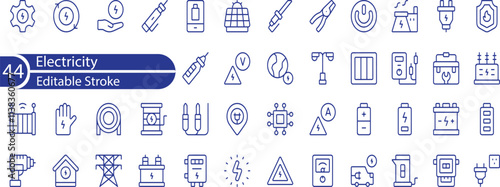 Electricity icon set with electromagnetic radiation, charger flow, lightning strike, static, induction, electric current and electromagnetic radiation.