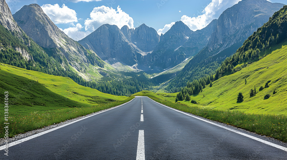 Fototapeta premium Asphalt Road Through Majestic Mountains: Journey into Serene Alpine Scenery Under a Summer Sky