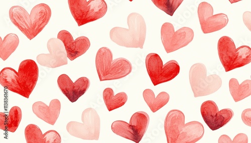 A colorful pattern of watercolor hearts in shades of red and pink, perfect for romantic themes and celebrations.
