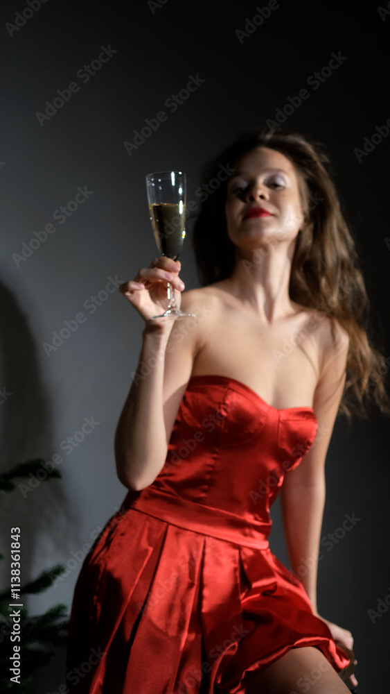 Happy beautiful young woman in festive red dress posing on camera, holding glass of champagne, getting ready for holiday. New Year concept. Merry Christmas Happy beautiful young woman in festive red dress posing on camera, holding glass of champagne, getting ready for holiday. New Year concept. Merry Christmas