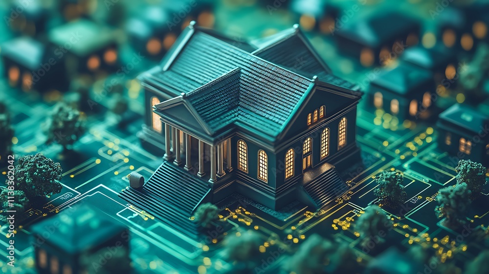 Miniature Bank Building Situated On Circuit Board Miniature Bank Building Situated On Circuit Board