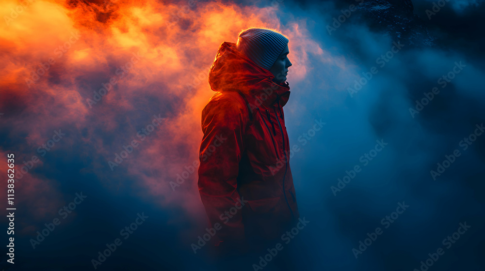 Person in Orange Jacket Amidst Fiery, Smoky Abstract Background Person in Orange Jacket Amidst Fiery, Smoky Abstract Background