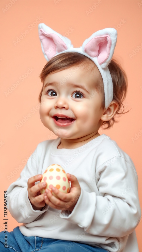 Cheerful toddler adorned with bunny ears, holding Easter egg against peach background Cheerful toddler adorned with bunny ears, holding Easter egg against peach background