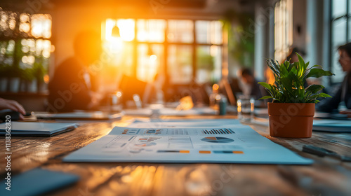 Wallpaper Mural Business Meeting, Charts & Graphs on Wooden Table in Sunlit Office Torontodigital.ca
