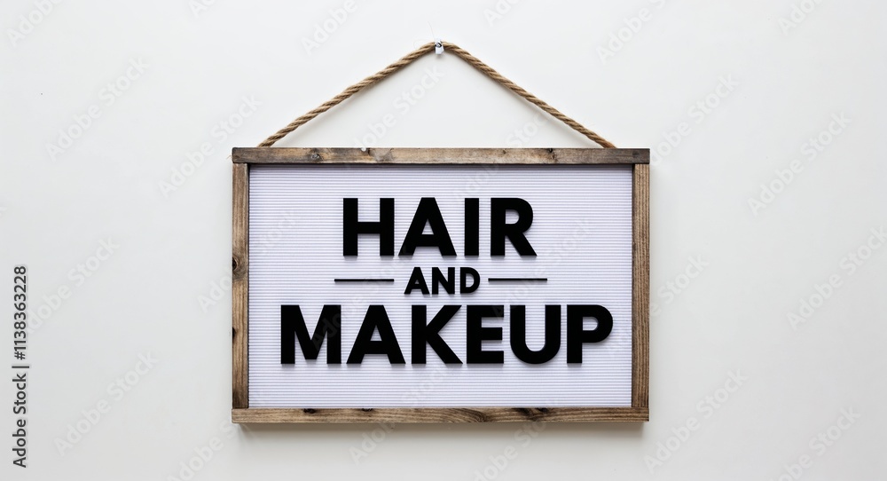 Hair and makeup lettering on hanging sign board on plain white background Hair and makeup lettering on hanging sign board on plain white background