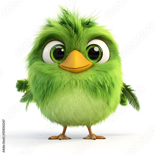 3D cartoon green fluffy bird character with big cute eyes photo