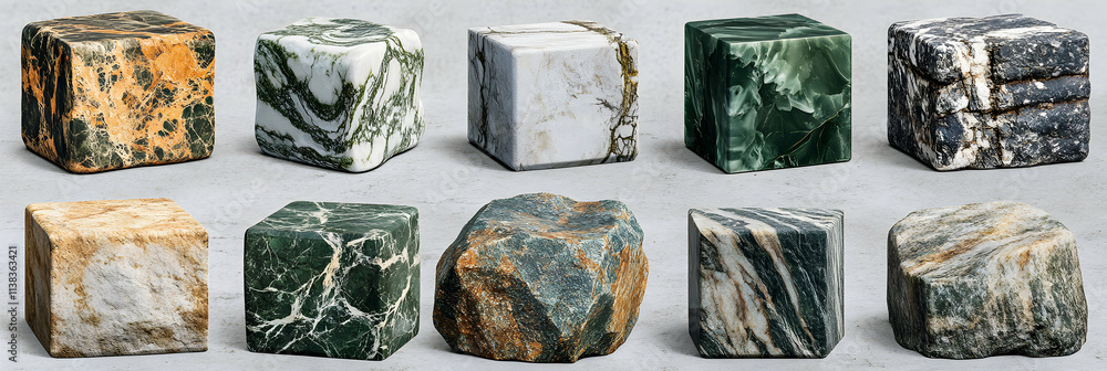 Collection of Cubic and Irregular Stone Textures, A Diverse Range of Marble and Rock Samples Displayed Against a Neutral Background. Collection of Cubic and Irregular Stone Textures, A Diverse Range of Marble and Rock Samples Displayed Against a Neutral Background.