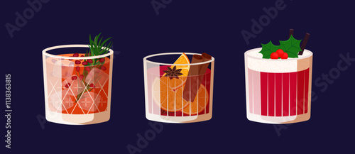 Winter seasonal cocktails set. Vector illustration of mulled wine and festive drinks in old-fashioned glasses.