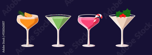 Set of Christmas cocktails. Illustration of festive drinks in coupe glasses with garnish. Banner with soft and alcohol drinks. Vector illustration of popular holiday cocktails.