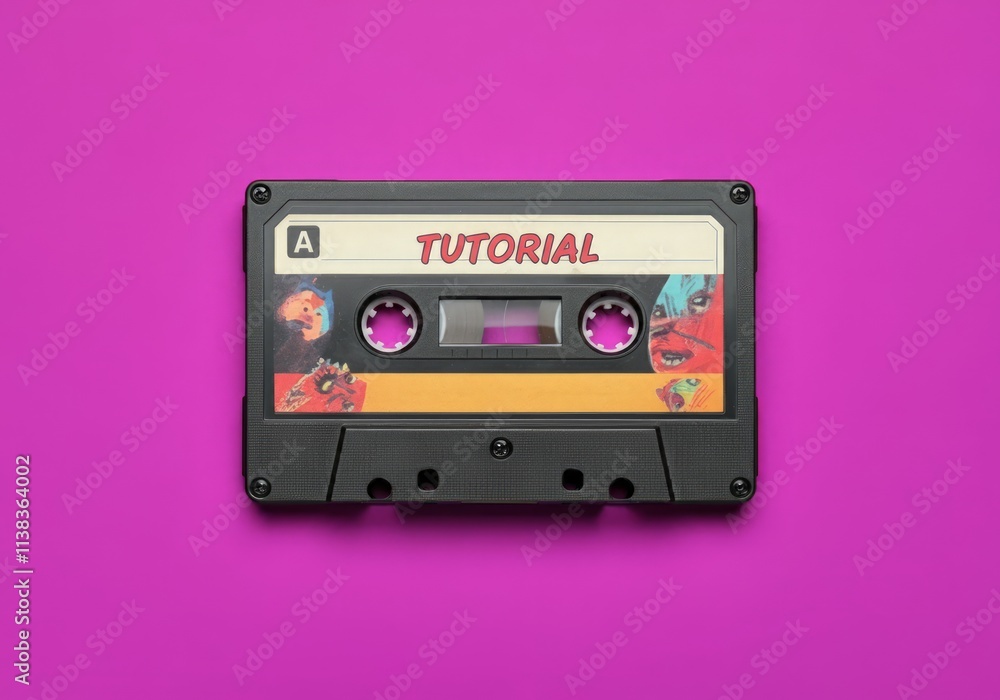 Fototapeta premium Cassette Tape on a Bright Purple Background with a word Tutorial