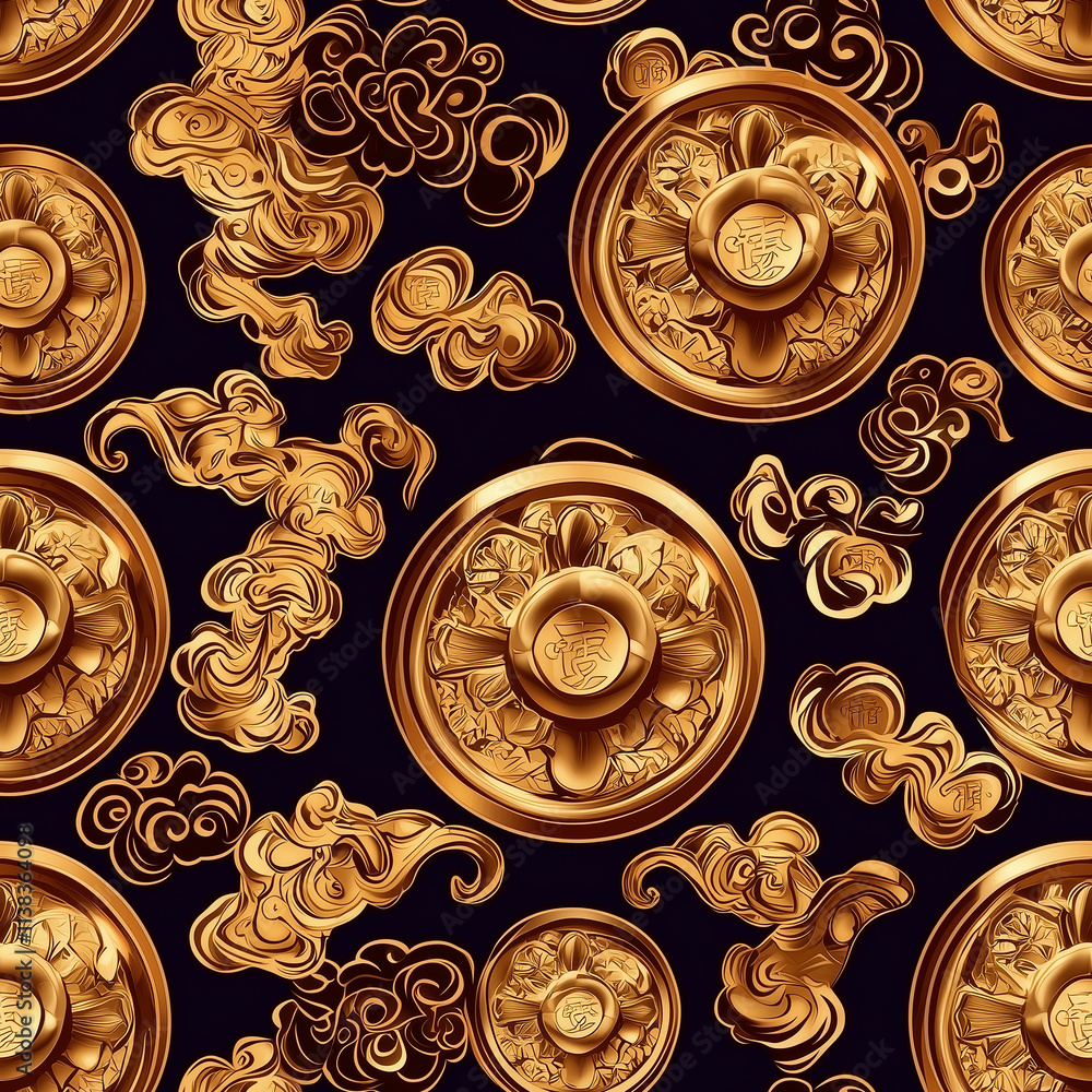 Seamless pattern of chinese lunar new year coins and clouds festive design black background artistic environment cultural concept Seamless pattern of chinese lunar new year coins and clouds festive design black background artistic environment cultural concept