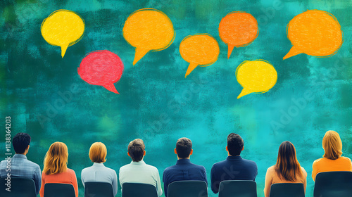 Audience Facing Colorful Speech Bubbles,  A vibrant illustration depicting diverse individuals atten photo