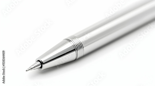 Wallpaper Mural Metallic Pen, A Close-Up View of its Sleek Design, Reflecting Light with Precision and Elegance on a Smooth White Surface. Writing Tool, Office Supplies, Stationery. Torontodigital.ca