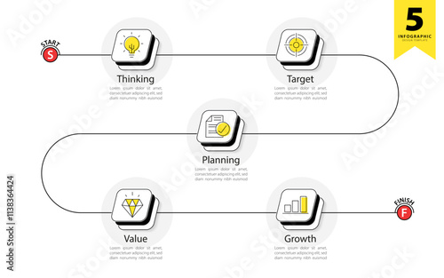 Timeline Creator infographic template. 5 Step timeline journey, calendar Flat simple infographics design template. presentation graph. Business concept with 5 options, gantt vector illustration.