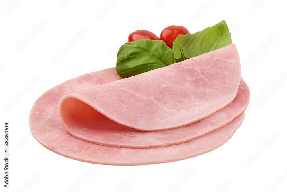 Thinly Sliced Ham, boiled sausage, isolated on white background. Thinly Sliced Ham, boiled sausage, isolated on white background.