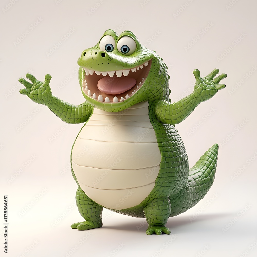 Fototapeta premium 3D cartoon alligator character with large belly and playful pose