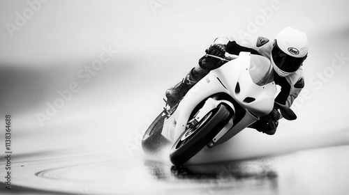 A highspeed motorcyclist taking a sharp turn on a rainslick road, symbolizing thrillseeking risks photo