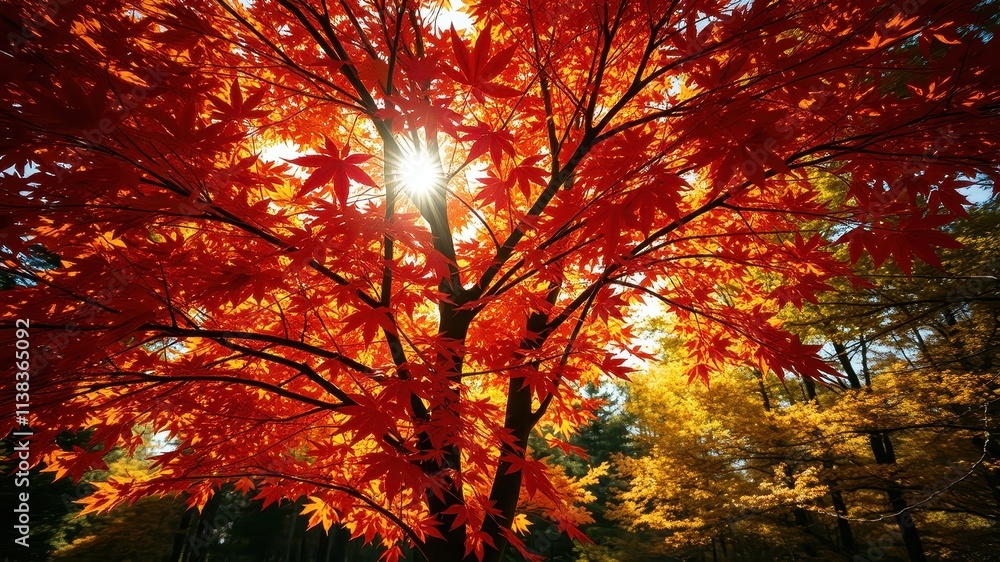 A vibrant autumnal scene with a fiery red maple tree silhouetted against the sun, its leaves ablaze with color, creating a breathtaking spectacle of nature's artistry. A vibrant autumnal scene with a fiery red maple tree silhouetted against the sun, its leaves ablaze with color, creating a breathtaking spectacle of nature's artistry.