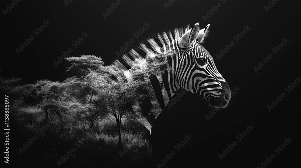 Naklejka premium Zebra black and white portrait Double Exposure serengeti grass trees African wild animal Zebras shallow depth of field Home interior poster or painting canvas design template