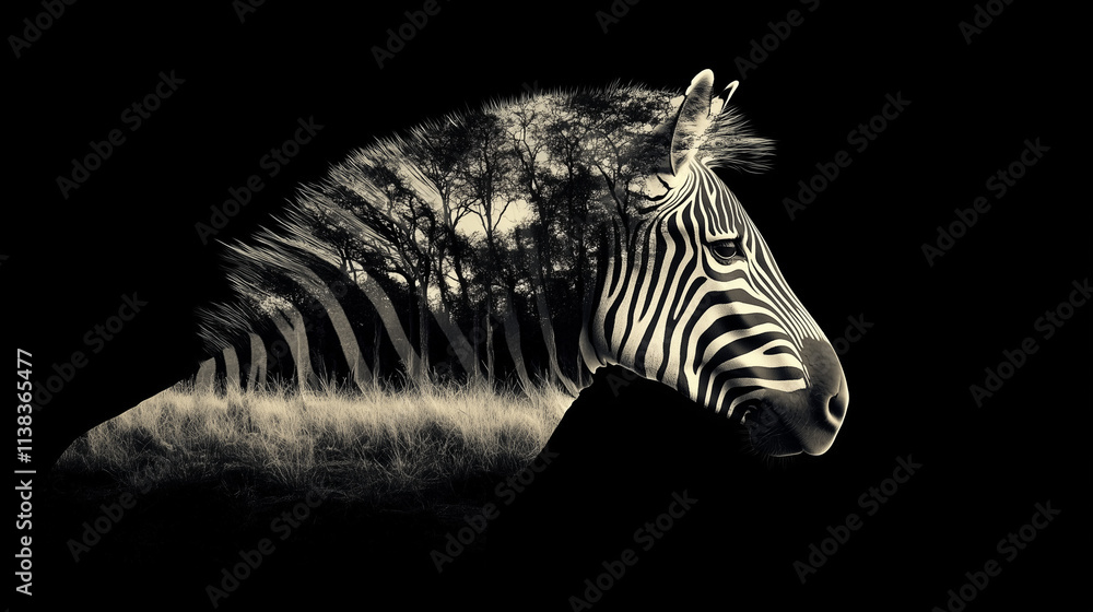 Naklejka premium Zebra black and white portrait Double Exposure serengeti grass trees African wild animal Zebras shallow depth of field Home interior poster or painting canvas design template