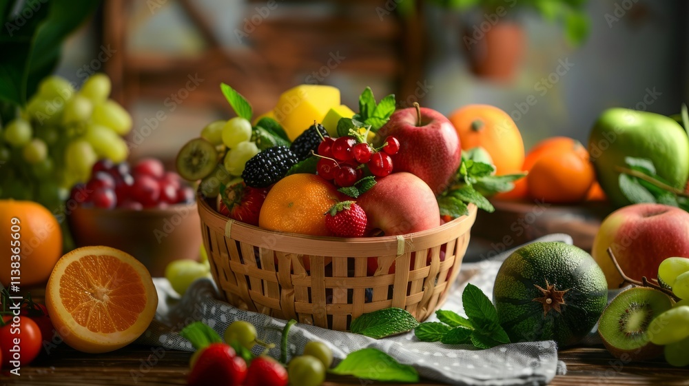 Basket of assorted fresh fruits on a rustic wooden table Basket of assorted fresh fruits on a rustic wooden table