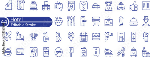 Set of 44 outline icons related to hotel, motel, hostel. Linear icon collection. Editable stroke. Vector illustration