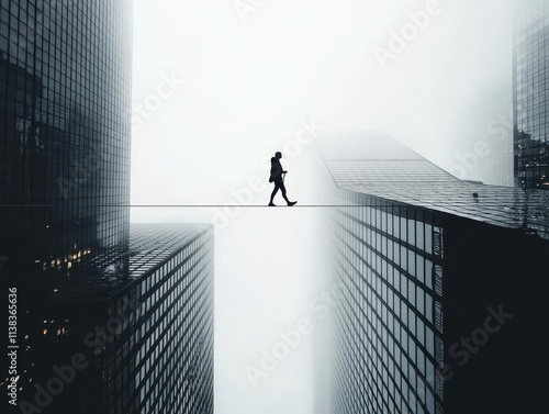 A tightrope walker crossing between skyscrapers with no safety net, highlighting daring ventures and potential loss photo