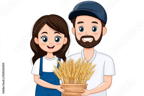 A playful 2D depiction of a family harvesting crops, with exaggerated cartoonish features and a crisp white background photo