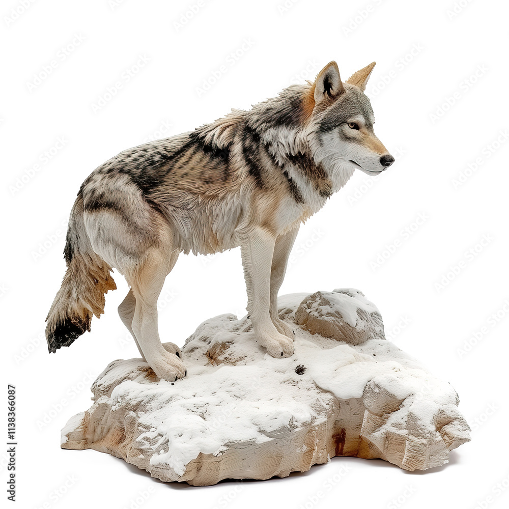 Fototapeta premium Majestic Wolf Standing on Snowy Rock in Winter Landscape