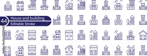 house and building icon set. Containing house, office, bank, school, hotel, shop, university and hospital icons.