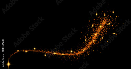 Vector image with a wave of gold shimmering confetti and stardust. The background is decorated with magical gold sparkles on a dark background, creating an effect of luxury and festive glow.