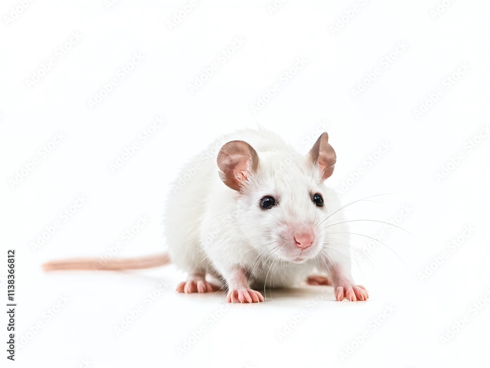 Curious white rat exploring a bright white surface in a studio setting during daylight hours Curious white rat exploring a bright white surface in a studio setting during daylight hours