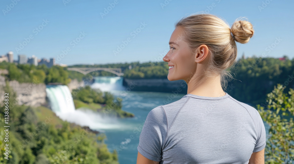Fototapeta premium Caucasian tourist woman traveling and enjoying vacation at Niagara Falls
