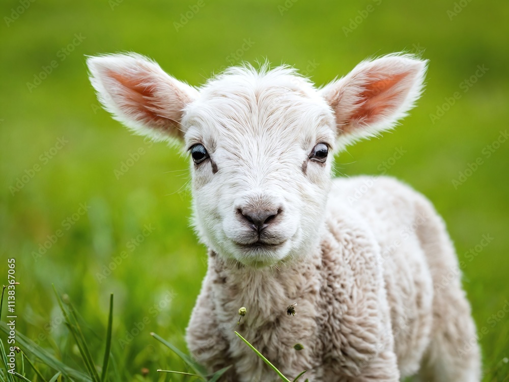 Obraz premium Cute lamb standing on green grass during a sunny day in a peaceful rural setting