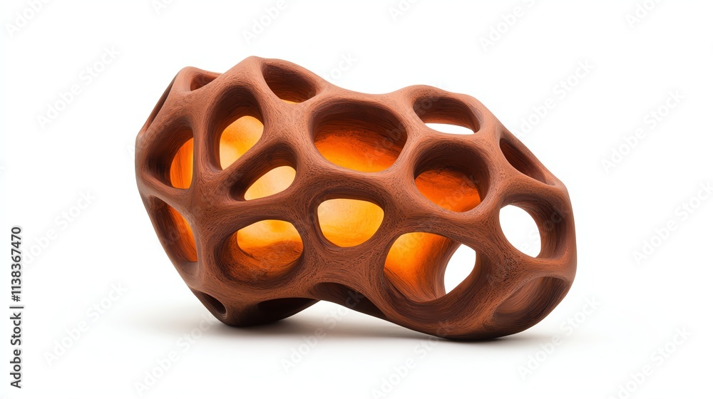 A unique, abstract sculpture featuring a porous, organic shape with circular holes, showcasing a blend of art and design in a warm, earthy tone. A unique, abstract sculpture featuring a porous, organic shape with circular holes, showcasing a blend of art and design in a warm, earthy tone.