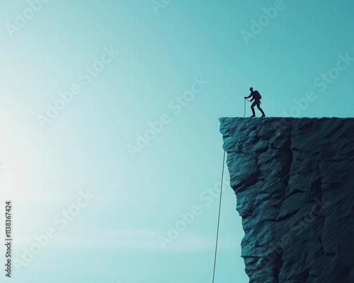 A mountaineer rappelling into a bottomless abyss, representing courage and calculated risks photo