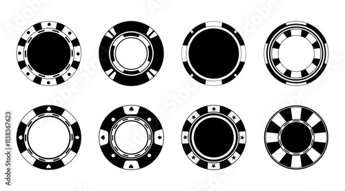 Isolates Poker chips icons vector set. Black Casino poker chip symbol. Gamble graphic elements collection, Entertainment clip art, vector stock