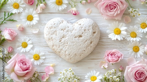 Stone heart surrounded by pink roses and daisies on white wood.