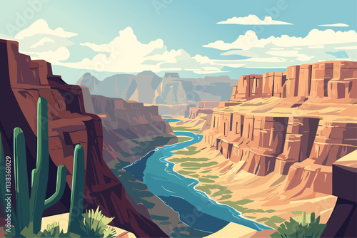 Grand Canyon background with a river running through it. Earthy tone brown blue greens and yellow. Western desert land nature. Cactus plant on the foreground. Cartoon style vector illustration