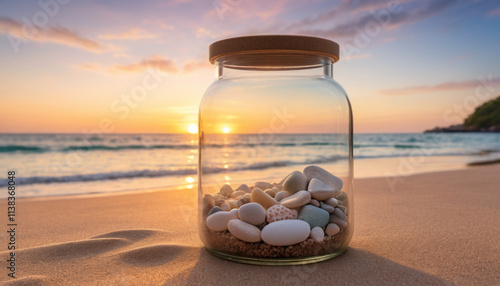 Close-up tarro de cristal con piedras gastadas dentro sobre la arena en una playa con un atardecer